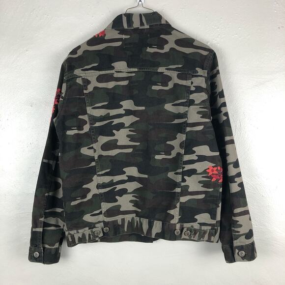 Pilcro Anthropology Green Orange Embroidered Flower Camo Denim Jean Jacket Coat - Picture 3 of 6